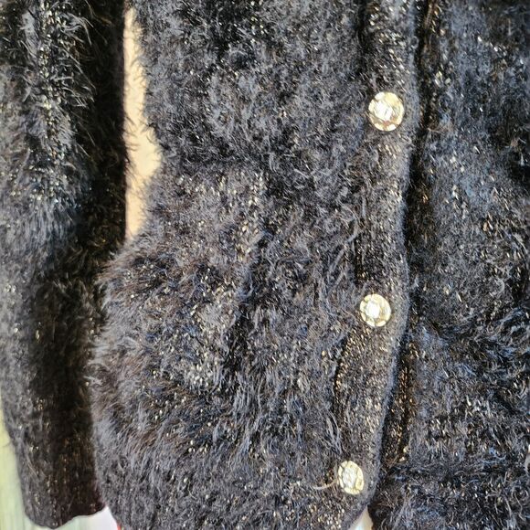 LOVE CRAZY Black Gold Metallic Fluffy‎ soft Button Up Long Sleeve Sweater Size M - Picture 2 of 5